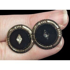 Vintage Black And Silver Tone Cuff Links With Clear Gem Inlay